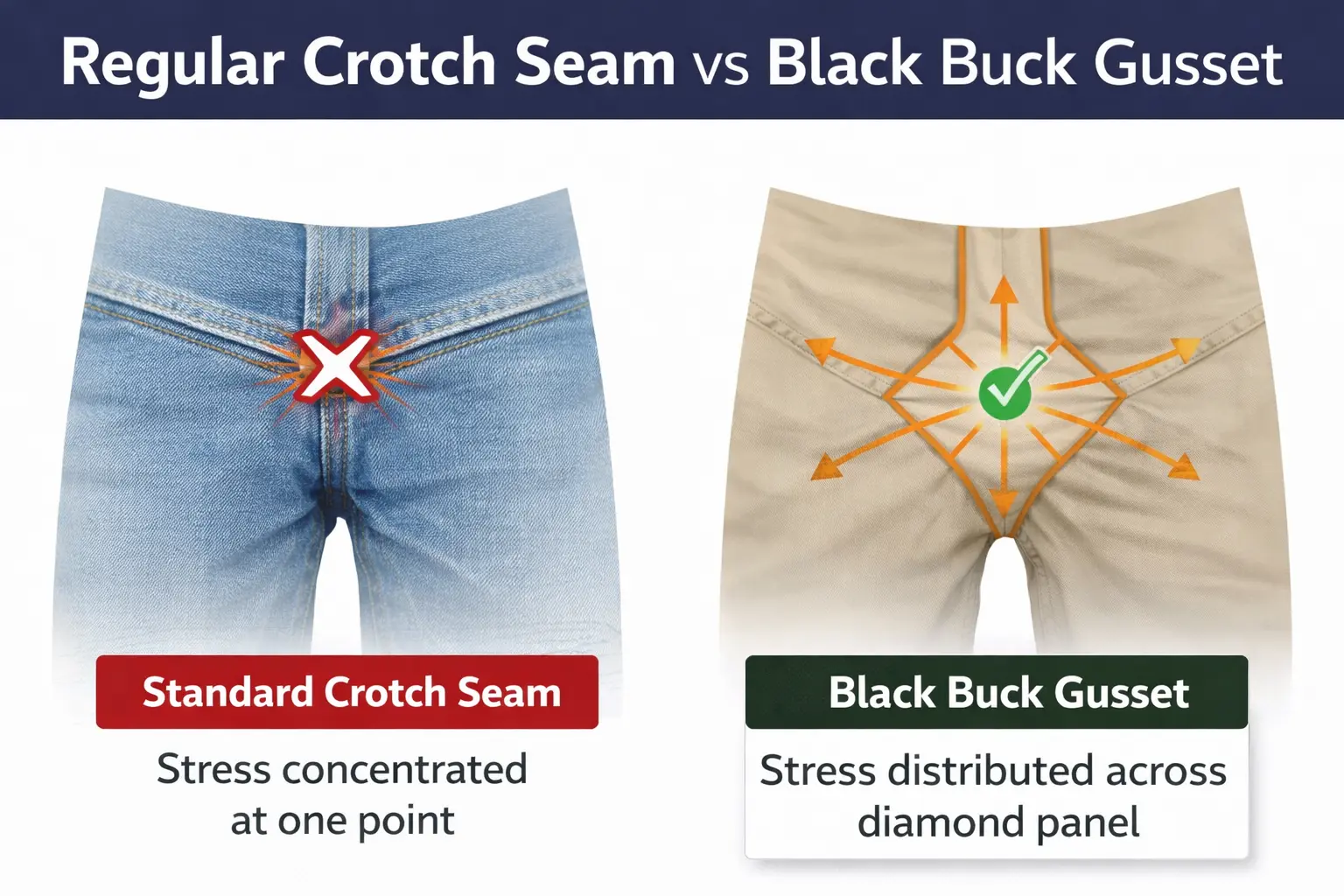 Technical gusset diagram - regular crotch seam vs Black Buck gusset