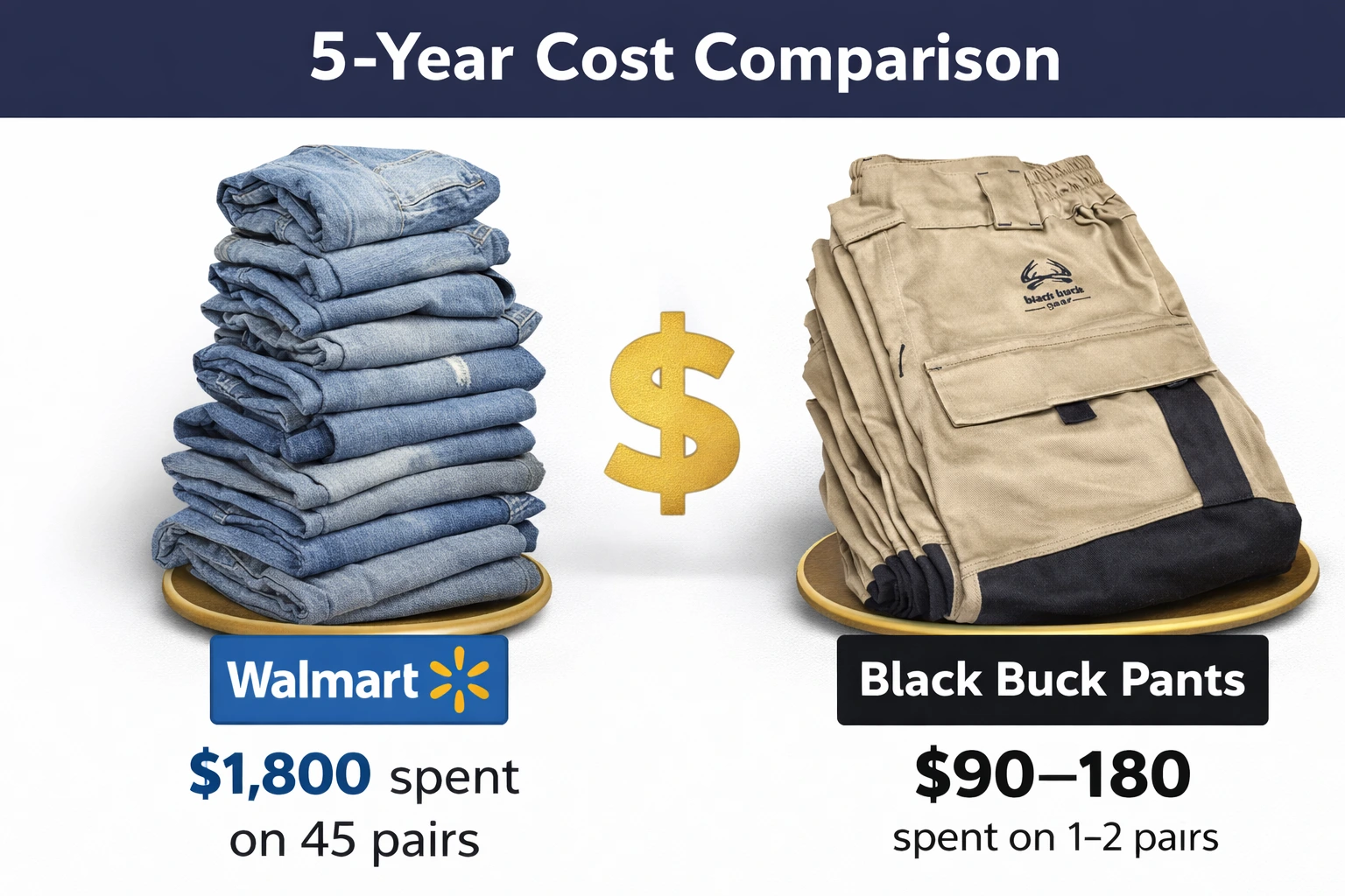 5-Year cost comparison chart - Walmart vs Black Buck Pants