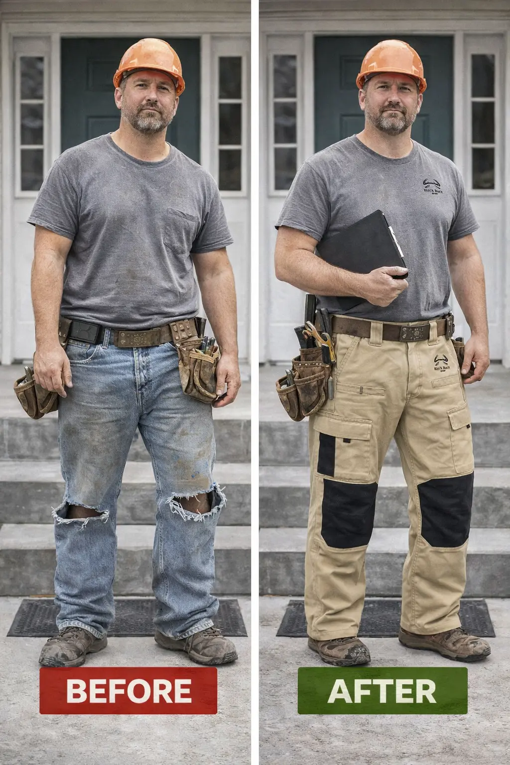 Professional tradesman before and after on customer porch