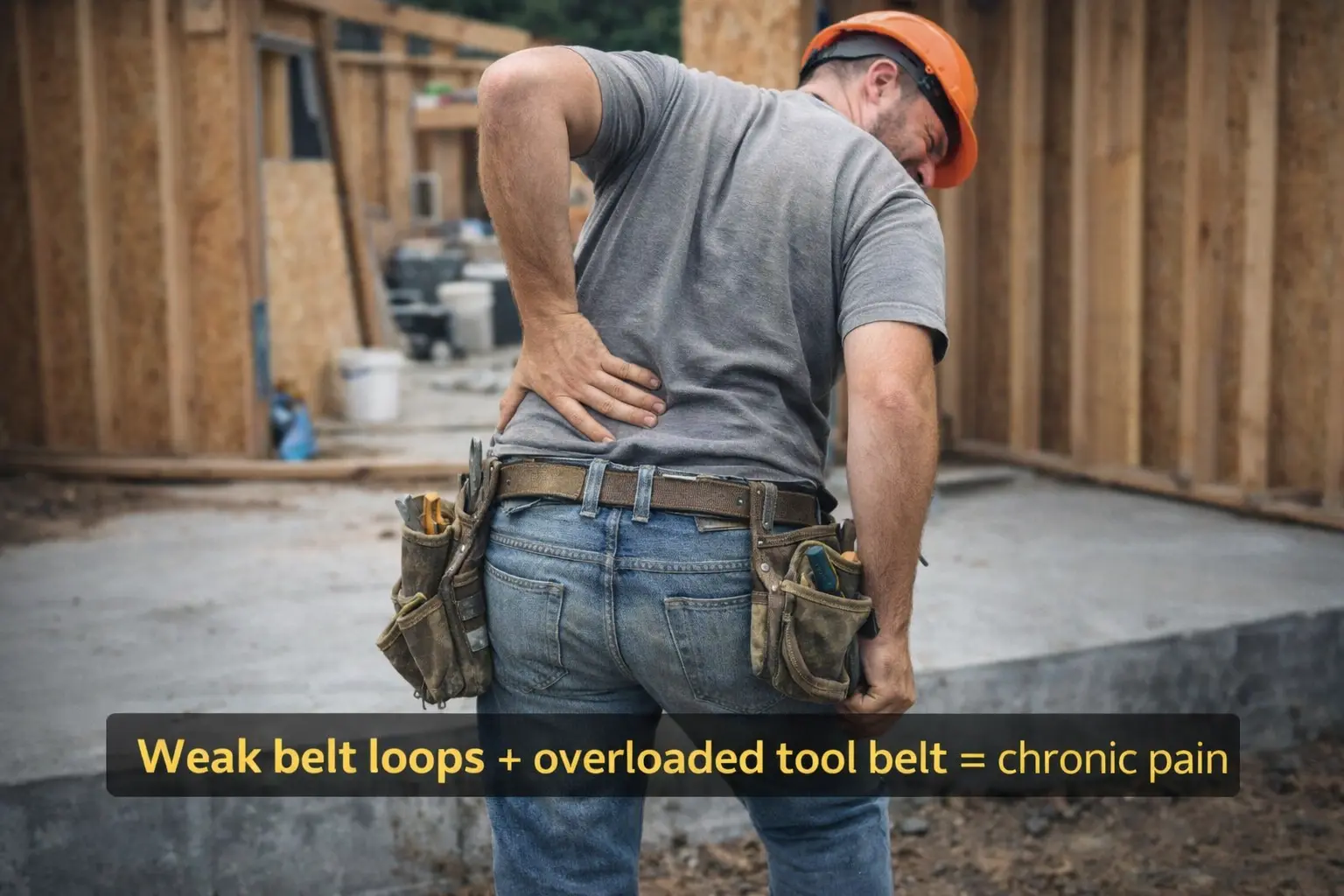 Tradesman with tool belt experiencing back pain